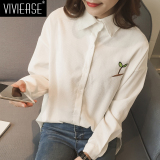 2016春装新款韩版女士刺绣白衬衫灯芯绒打底衫修身显瘦纯色中长款