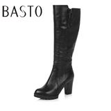 BASTO/百思图冬季专柜同款尖头粗跟高跟牛皮女靴长靴TSC78DG5