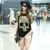 2016夏季新款韩版骷髅头T恤女夏个性不规则上衣烫金印花体恤女装