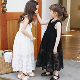 韩国儿童春夏女童蕾丝连衣裙中长款 公主裙白色黑色网纱长裙
