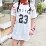 夏季韩版原宿风中长款短袖字母印花宽松学生棒球服t恤上衣女半袖