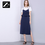 ZK时尚套装两件套开叉中长款吊带连衣裙修身T恤2016夏季新款女装