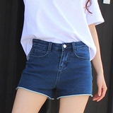 ROWKY夏季新款韩版卷边弹力高腰黑色牛仔短裤修身蓝色直筒热裤女