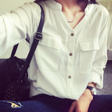 2016韩版女装春秋新款 大码印花开衫学生V领宽松显瘦长袖衬衫衬衣