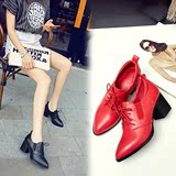欧美时尚尖头深口单鞋粗跟高跟工作鞋红色婚鞋性感系带黑色女鞋热