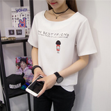 夏季新款韩版学生宽松圆领卡通印花短袖雪纺衫18-24周岁白色上衣