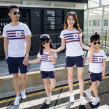 亲子装夏装2016新款韩国沙滩条纹全家装一家三口家庭运动母女套装
