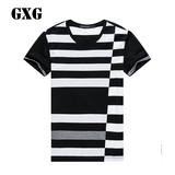 GXG男装 男士短袖T恤 时尚黑白条纹拼接圆领短袖T恤#51144407