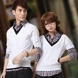 情侣装长袖t恤男士衬衫领假两件大码青少年学生韩版修身翻领上衣