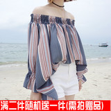 2016夏季新款 韩版宽松一字肩露肩上衣条纹衬衫女百搭长袖雪纺衫