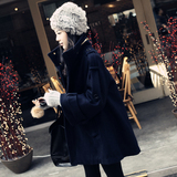 韩版冬季新款女装中长款毛呢大衣 立领肩章斗篷型外套女