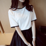 蘑菇街2016夏装新款韩版女装女士短袖圆领修身显瘦纯色雪纺t恤衫