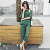 韩国气质纯色宽松显瘦镂空短袖针织衫阔腿九分裤两件套休闲套装女
