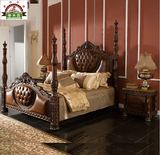 双人床欧式真皮床美式实木雕花四柱床奢华深色柱子床新古典皇帝床