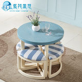 地中海餐桌实木小圆桌小户型餐桌椅组合4人洽谈桌蓝色家具咖啡桌