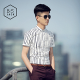 ▲BSJACK▲ 男士条纹短袖衬衫 2016夏季新款修身衬衣潮流韩版男装