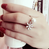 希贝玲韩国甜美气质人造珍珠戒指女开口可调节满钻花朵戒指环饰品