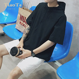 2016夏季新款男士短袖卫衣潮男款连帽外套韩版宽松纯色中袖上衣服