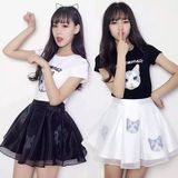 2016新款韩版夏装可爱猫咪短款印花T恤+欧根纱蓬蓬半身裙两件套装