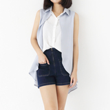 UFINE 韩版假两件无袖中长款衬衫女2016夏季新款纯色棉质休闲开衫