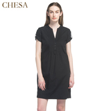CHESA出口欧美 夏季小黑裙 v领连衣裙 短袖纯棉黑色显瘦连身裙子