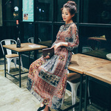 2016春秋新款韩版女装中长款名族风长袖显瘦印花雪纺连衣裙打底