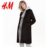 hm女装H&M专柜正品代购2016秋季新款黑色宽松中长款毛呢大衣外套