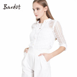 芭杜Bardot 纯棉白衬衫女 中长款镂空蕾丝修身简约34831TB
