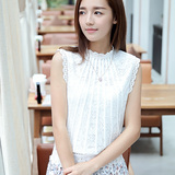 夏季韩版优雅女人味蕾丝拼接花边小立领修身无袖百搭衬衫
