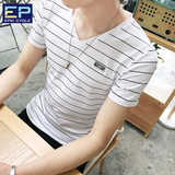 2016夏季男士V领短袖T恤青少年韩版条纹修身体恤衫大码半袖男上衣
