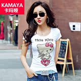 2016夏装女款修身半袖体恤卡通动漫凯蒂猫图案亮片韩国短袖T恤女