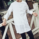 2016春装纯色长袖长款时尚潮流韩版男衬衫纯色长款韩国衬衫男 潮