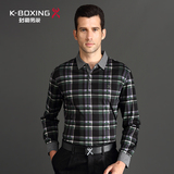 K-boxing/劲霸长袖T恤 男士正品2015秋季格子纯棉体恤衫 CTXU1214