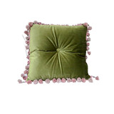 亿联家居-原创设计45*45意大利绒墨绿粉红色花边拉扣撞色抱枕靠枕