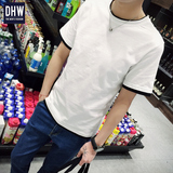 夏季青少年男士短袖T恤男韩版水洗纯色圆领假两件休闲打底衫上衣
