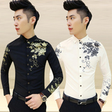 春季韩版男式印花衬衫英伦男士修身长袖棉衬衣男夜店发型师潮寸衫