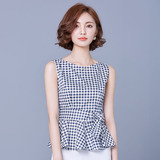 2016夏新品韩版修身系带无袖荷叶边格纹全棉背心衬衣上衣女
