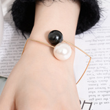 日韩版新款手镯潮女细线圈黑白大小珍珠方形几何开口DIY定制手工