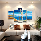 家居装饰画无框画现代抽象画手绘客厅油画餐厅挂画五联套海景帆船