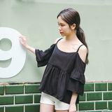 2016夏季新款韩版简约露肩短袖T恤女雪纺宽松性感一字领上衣女装