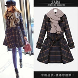 ZARA2014秋冬新款韩版女装明星同款中长款格子大衣荷叶摆毛呢外套