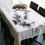 中式水墨棉麻餐桌布 高档布艺装饰台布茶几布圆桌布 盖布 竹韵
