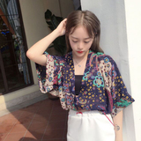 韩版女装夏季度假风v领宽松短款短袖雪纺衬衫薄款上衣防晒衣衬衣