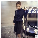 2015冬季新款韩版高腰修身显瘦牛仔衬衫拼接网纱长款连衣裙