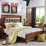 雅林 美式乡村全实木双人床1.8米 欧式卧室软包靠背皮床