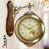 欧式仿古实木创意双面挂钟大号静音客厅纯铜壁挂两面石英钟表时钟