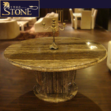 进口天然灰洞石餐桌圆餐台 大理石家具 欧式简约现代创意 包物流
