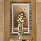 简约欧式古典花卉油画花开富贵玄关走廊过道竖版有框装饰挂画牡丹