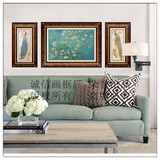 美式现代客厅背景墙样板房装饰画 欧式美式有框画孔雀杏花三联幅