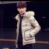 韩版男士保暖短款羽绒服外套 纯色修身大毛领连帽上衣 冬季新款